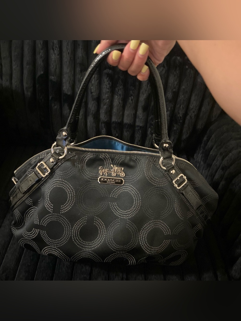 Coach Black Patterned Dome-Style Shoulder Bag with Gold Hardware